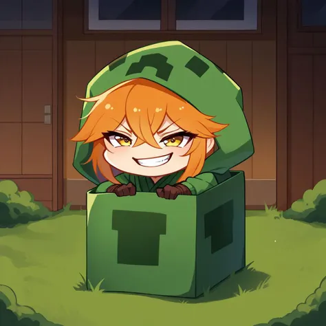 b0xe,chibi, in box,sitting,
mtcupa, orange hair, yellow eyes, green hoodie, hood, long sleeves, brown gloves, holding tnt, green thighhighs, grin, open door, dark background, outdoors,
BREAK
score_9,score_8_up,score_7_up, <lora:boxed_potat_v1:1>  <lora:mobtalker_creeper_ponyXL:1>