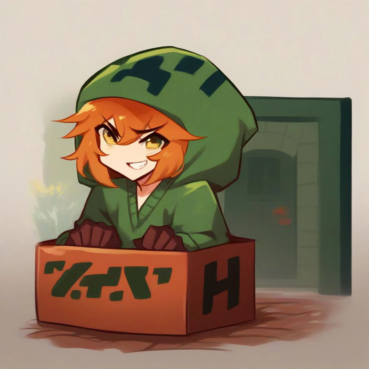 b0xe,chibi, in box,sitting,
mtcupa, orange hair, yellow eyes, green hoodie, hood, long sleeves, brown gloves, green thighhighs, grin, open door, dark background, outdoors,
BREAK
score_9,score_8_up,score_7_up, <lora:boxed_potat_v1:1> <lora:mobtalker_creeper_ponyXL:1>