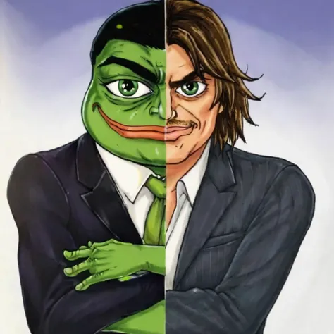 masterpiece,solo,pepe_frog,cartoon of a man, twofaces, <lora:twoface2:0.85>,human.no mask.business suite, <lora:pepe_frog SDXL:0.8>