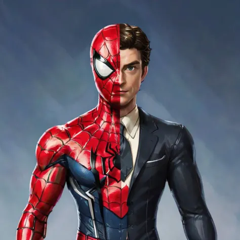 masterpiece,solo,Spider-Man,cartoon of a man, twofaces, <lora:twoface2:0.85>,operations uniform,business suite