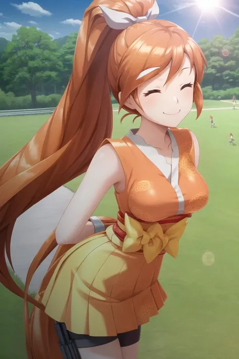 masterpiece, best quality, CG, wallpaper, HDR, high quality, high-definition, extremely detailed, crunchyroll hime, 1girl, simple background, arms behind back, leaning forward, smile, closed eyes, pov, outside, park, field, trees, sun, sunshine, lens flare,