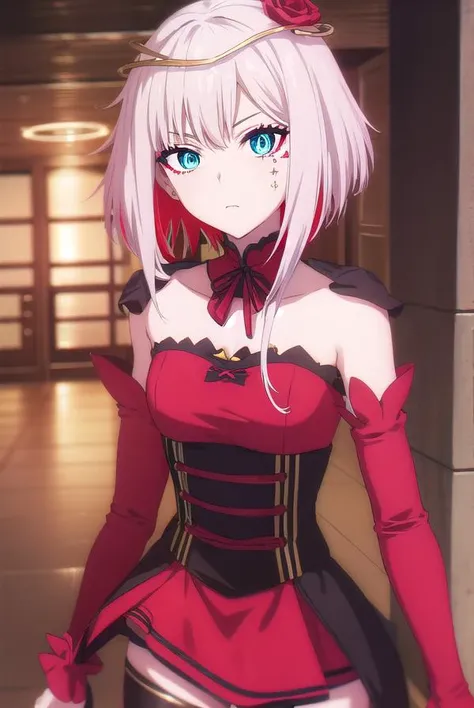 taktopdestiny, <lora:taktop destiny s1-henshin-lora-nochekaiser:1>,
destiny, short hair, hair ornament, flower, white hair, red hair, multicolored hair, hair flower, rose, colored skin, facial mark, red flower, red rose, thorns,
BREAK thighhighs, dress, bare shoulders, detached sleeves, black thighhighs, zettai ryouiki, strapless, detached collar, red dress, corset, red sleeves,
BREAK outdoors,
BREAK looking at viewer, (cowboy shot:1.5),
BREAK <lyco:GoodHands-beta2:1>, (masterpiece:1.2), best quality, high resolution, unity 8k wallpaper, (illustration:0.8), (beautiful detailed eyes:1.6), extremely detailed face, perfect lighting, extremely detailed CG, (perfect hands, perfect anatomy),