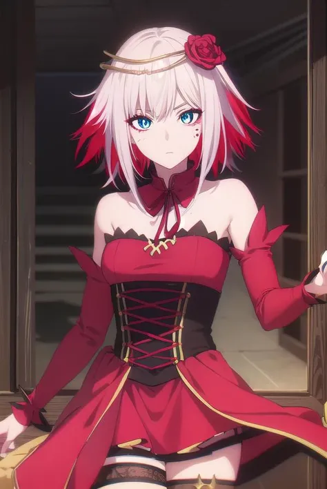 taktopdestiny, <lora:taktop destiny s1-henshin-lora-nochekaiser:1>,
destiny, short hair, hair ornament, flower, white hair, red hair, multicolored hair, hair flower, rose, colored skin, facial mark, red flower, red rose, thorns,
BREAK thighhighs, dress, bare shoulders, detached sleeves, black thighhighs, zettai ryouiki, strapless, detached collar, red dress, corset, red sleeves,
BREAK outdoors,
BREAK looking at viewer, (cowboy shot:1.5),
BREAK <lyco:GoodHands-beta2:1>, (masterpiece:1.2), best quality, high resolution, unity 8k wallpaper, (illustration:0.8), (beautiful detailed eyes:1.6), extremely detailed face, perfect lighting, extremely detailed CG, (perfect hands, perfect anatomy),