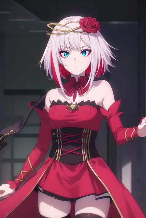 taktopdestiny, <lora:taktop destiny s1-henshin-lora-nochekaiser:1>,
destiny, short hair, hair ornament, flower, white hair, red hair, multicolored hair, hair flower, rose, colored skin, facial mark, red flower, red rose, thorns,
BREAK thighhighs, dress, bare shoulders, detached sleeves, black thighhighs, zettai ryouiki, strapless, detached collar, red dress, corset, red sleeves,
BREAK outdoors,
BREAK looking at viewer, (cowboy shot:1.5),
BREAK <lyco:GoodHands-beta2:1>, (masterpiece:1.2), best quality, high resolution, unity 8k wallpaper, (illustration:0.8), (beautiful detailed eyes:1.6), extremely detailed face, perfect lighting, extremely detailed CG, (perfect hands, perfect anatomy),