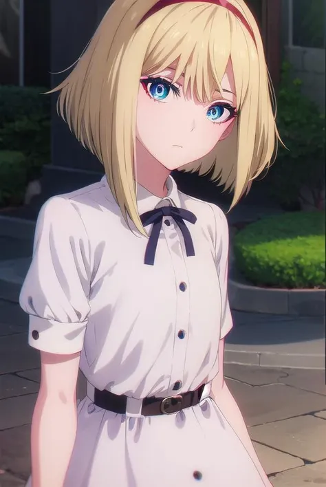 taktopdestiny, <lora:taktop destiny s1-normal-lora-nochekaiser:1>,
destiny, short hair, bangs, blue eyes, blonde hair, hairband, medium hair, red hairband,
BREAK dress, short sleeves, puffy sleeves, belt, white dress, puffy short sleeves, collared dress,
BREAK outdoors,
BREAK looking at viewer, (cowboy shot:1.5),
BREAK <lyco:GoodHands-beta2:1>, (masterpiece:1.2), best quality, high resolution, unity 8k wallpaper, (illustration:0.8), (beautiful detailed eyes:1.6), extremely detailed face, perfect lighting, extremely detailed CG, (perfect hands, perfect anatomy),