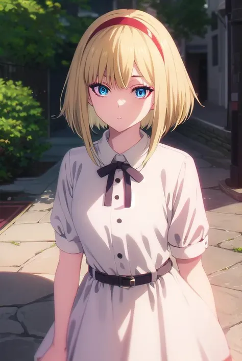 taktopdestiny, <lora:taktop destiny s1-normal-lora-nochekaiser:1>,
destiny, short hair, bangs, blue eyes, blonde hair, hairband, medium hair, red hairband,
BREAK dress, short sleeves, puffy sleeves, belt, white dress, puffy short sleeves, collared dress,
BREAK outdoors,
BREAK looking at viewer, (cowboy shot:1.5),
BREAK <lyco:GoodHands-beta2:1>, (masterpiece:1.2), best quality, high resolution, unity 8k wallpaper, (illustration:0.8), (beautiful detailed eyes:1.6), extremely detailed face, perfect lighting, extremely detailed CG, (perfect hands, perfect anatomy),