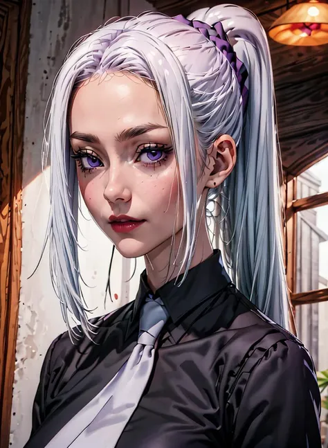 highres, purple eyes, mei mei (jujutsu kaisen), 1girl, solo, grey necktie, (long skirt:1.2), dark purple skirt, high-waist skirt, black shirt, ponytail, white hair, nail polish, boots, long sleeves, hair scrunchie, 1femmelï¼ look at the viewer, ï¼tmasterpieceï¼ 1.3ï¼ï¼Belle femme allemande matureï¼ detailed fingerï¼ Belle mainï¼ hyper realisticï¼ 1femmelï¼ ï¼affaissement des seinsï¼ Bewitching bodyï¼ 1.2ï¼ Cheveux bruns couleurï¼ 1.1ï¼ Super Detail Faceï¼ detailed lipsï¼ detailled eyesï¼ Kimono sexy décolletÃ©ï¼ open neckline, (masterpiece, best quality), female legal age, balanced, south asian, green eyes, button nose, asymmetrical cheeks, triangle face shape, sculpted calves, , dirty blonde chignon hair, happiness wearing lace cheeky, unlined bra, horny, arms folded across the chest, appearing closed off or guarded <lora:3DMM_V12:0.2> <lora:add_detail:0.5> <lora:meimeiv3:1>
