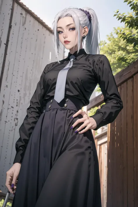 highres, purple eyes, mei mei (jujutsu kaisen), 1girl, solo, grey necktie, (long skirt:1.2), sidelocks, dark purple skirt, high-waist skirt, black shirt, ponytail, white hair, nail polish, boots, long sleeves, hair scrunchie, <lyco:meimeiv3:.8>, half-closed eyes, thick thighs, outdoors, holding umbrella, from below, POV