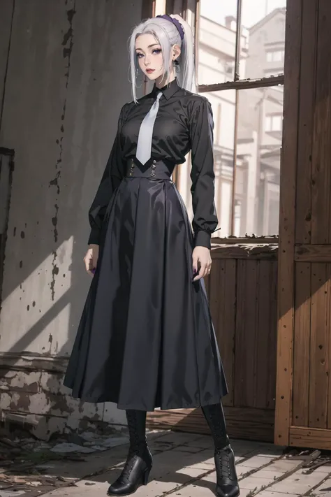 highres, purple eyes, meimei, 1girl, solo, (long skirt), dark skirt, high-waist skirt, black shirt, ponytail, white hair, grey necktie, nail polish, full body, standing, boots, long sleeves, hair scrunchie, <lyco:meimeiv3:.8>