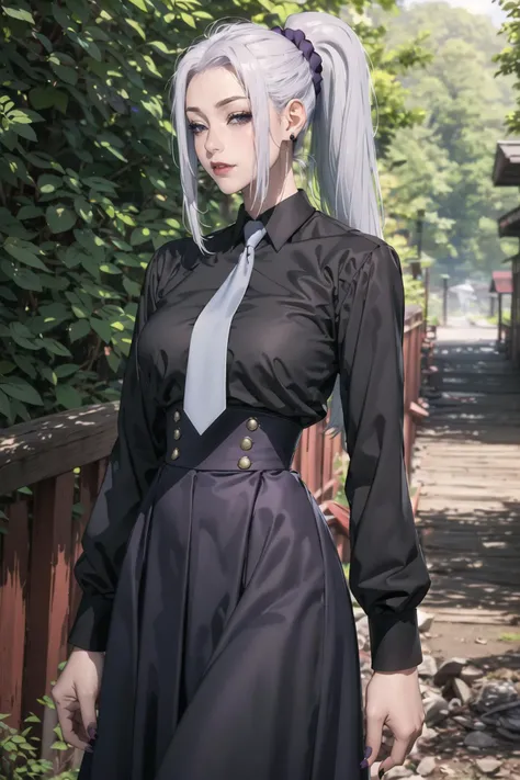 highres, purple eyes, mei mei (jujutsu kaisen), 1girl, solo, grey necktie, (long skirt:1.2), dark purple skirt, high-waist skirt, black shirt, ponytail, white hair, nail polish, boots, long sleeves, hair scrunchie, <lyco:meimeiv3:.8>, half-closed eyes, thick thighs, outdoors,