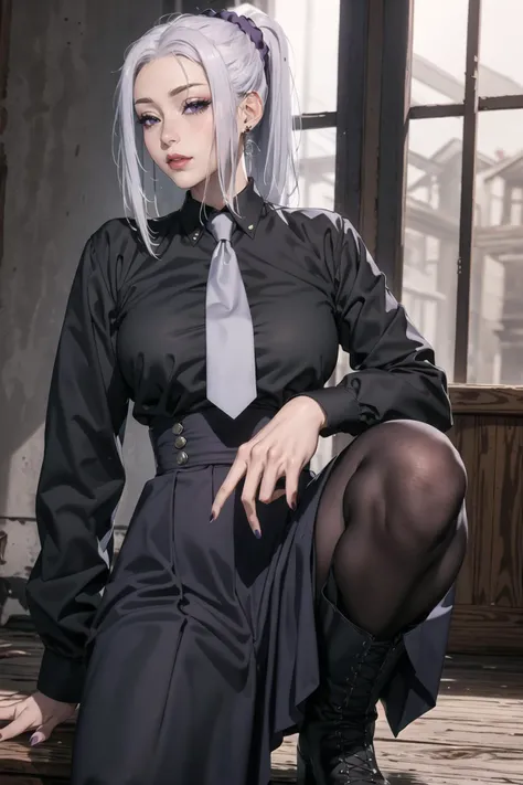 highres, purple eyes, mei mei (jujutsu kaisen), 1girl, solo, grey necktie, (long skirt:1.2), sidelocks, dark purple skirt, high-waist skirt, black shirt, ponytail, white hair, nail polish, crouching, boots, long sleeves, hair scrunchie, <lyco:meimeiv3:.7>, half-closed eyes,