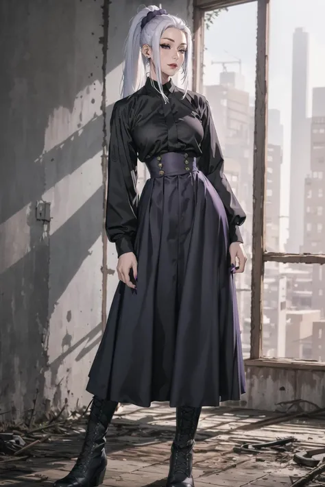 highres, purple eyes, mei mei (jujutsu kaisen), 1girl, solo, (long skirt:1.2), dark purple skirt, high-waist skirt, black shirt, ponytail, white hair, nail polish, full body, standing, boots, long sleeves, hair scrunchie, <lyco:meimeiv3:.8>, cowboy shot