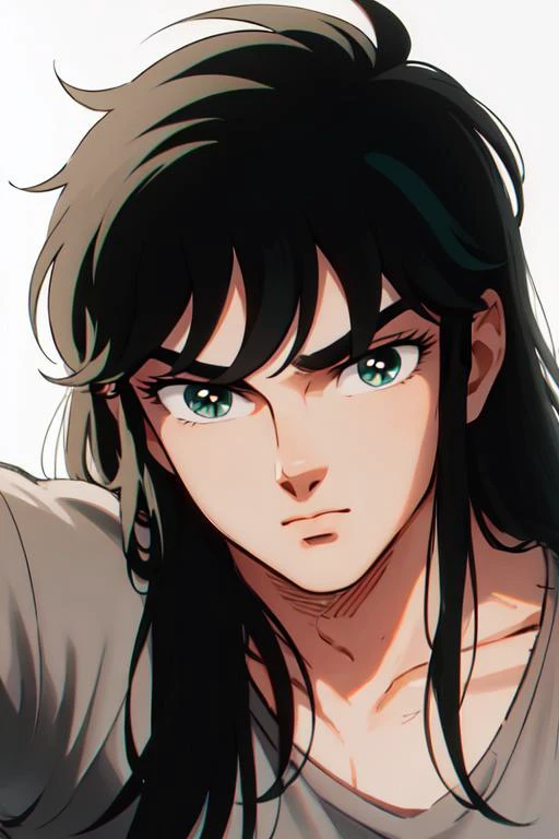 masterpiece, best quality, highres,
<lyco:ShingoArakiStyle_lycoris_smf_01-000001:1>, shingoaraki-style-smf, 1boy, retro artstyle, black hair, very long hair, grey shirt, green eyes, close-up