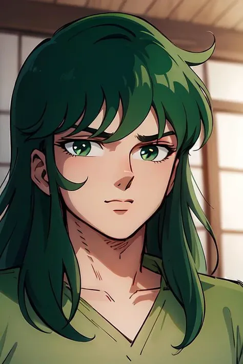 a close up of a person with green hair and green eyes