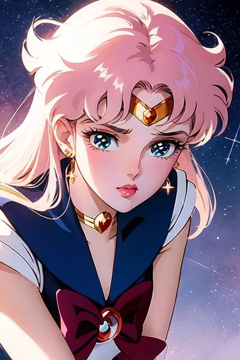 <lyco:ShingoArakiStyle_lycoris_smf_01-000001:1>, shingoaraki-style-smf, 1girl, retro artstyle, Sailor Moon, Sailor Senshi Uniform, fire, stars background, close-up, lipstick