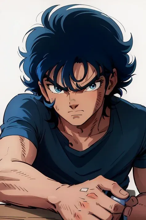 a close up of a person with blue hair and a blue shirt