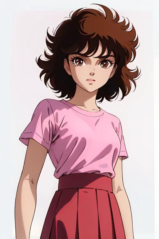 <lyco:ShingoArakiStyle_lycoris_smf_01-000001:1>,  shingoaraki-style-smf, 1girl, solo, skirt, brown hair, brown eyes, short hair, pink shirt, short sleeves, looking at viewer, red skirt, retro artstyle, 1980s (style)