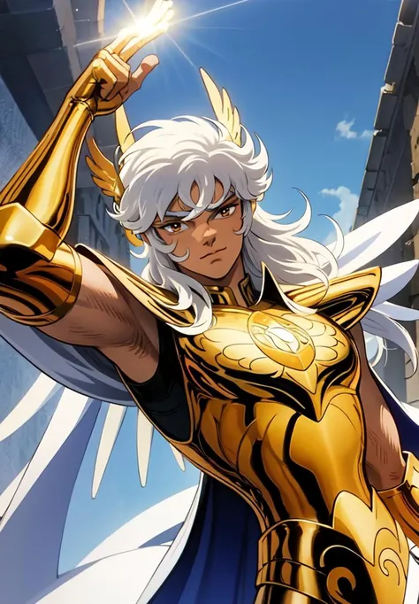 ((masterpiece)), ((best quality)), 8k, soft lighting, warm lighting, absurdres,
a boy wearing a gold armor and a white cape, white hair, long hair, energy aura around, white eyes, Zeus, golden metal wings, divine environment, clouds, heaven door on background, multiple golden soldiers, arm up,
<lyco:ShingoArakiStyle_lycoris_smf_01-000001:1.1>, shingoaraki-style-smf, retro artstyle, 1980s (style),