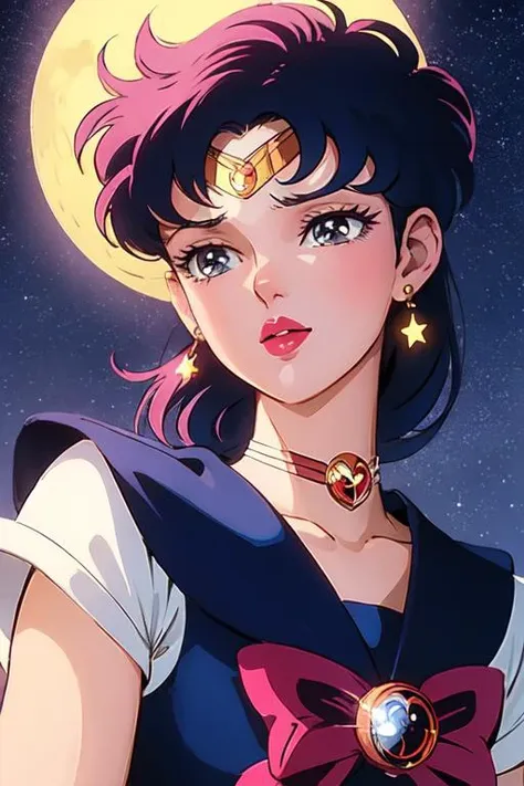 <lyco:ShingoArakiStyle_lycoris_smf_01-000001:1>, shingoaraki-style-smf, 1girl, retro artstyle, Sailor Moon, Sailor Senshi Uniform, moon, stars background, close-up, lipstick