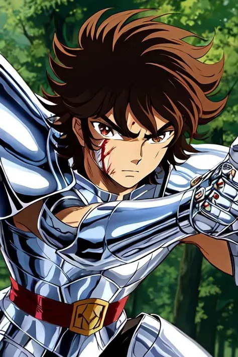<lora:ShingoArakiStyle_lycoris_smf_01-000001:1>, shingoaraki-style-smf, armor, solo, silver armor, brown hair, 1boy, male focus, brown eyes, full armor, pauldrons, battle stance, wounded, blood, bandages, blood on face, close-up
