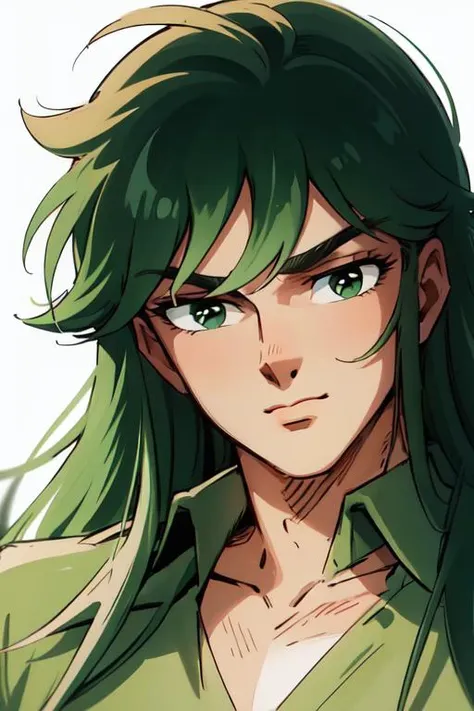 masterpiece, best quality, highres,
<lyco:ShingoArakiStyle_lycoris_smf_01-000001:1>, shingoaraki-style-smf, 1boy, retro artstyle, green hair, green shirt, green eyes, close-up, long hair, bangs,