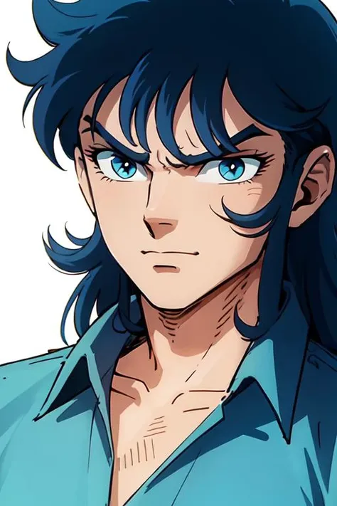 masterpiece, best quality, highres,
<lyco:ShingoArakiStyle_lycoris_smf_01-000001:1>, shingoaraki-style-smf, 1boy, retro artstyle, blue hair, blue shirt, blue eyes, close-up, angry