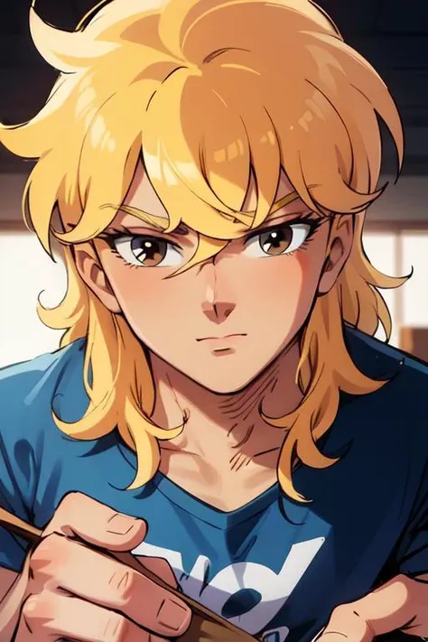 masterpiece, best quality, highres,
<lyco:ShingoArakiStyle_lycoris_smf_01-000001:1>, shingoaraki-style-smf, 1boy, retro artstyle, blonde hair, blue shirt, brown eyes, close-up,