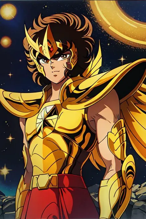 1980s \(style\), retro artstyle,
masterpiece, best quality, highres,
<lora:ShingoArakiStyle_lycoris_smf_01-000001:1>, shingoaraki-style-smf, 
1boy, solo, male focus, gold armor, sagittariusarmor, armor, looking at viewer, male, 
brown hair, red shirt, brown eyes, close-up,
, upper body, portrait, 
stars, starry night, 
golden armor, helmet,
<lora:RetroAnimeCraft_v1:1>  <lora:saintSeiyaSagittarius_v10:0.5>