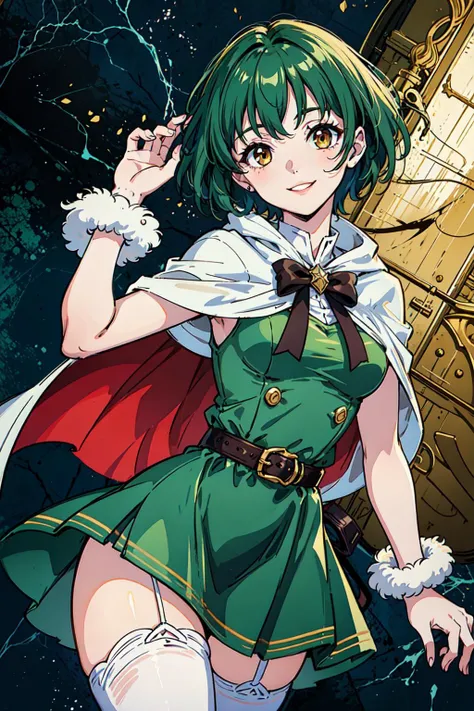 masterpiece, high quality, best quality, beautiful, hd, perfect lighting, detailed face, detailed body, 1 girl, solo, (green short hair), brown eyes, ((green short fluffy dress)), (fluffy white short cape), medium breasts, open neckline, (stockings), smile, sexy pose,