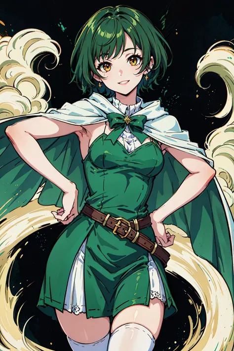 masterpiece, high quality, best quality, beautiful, hd, perfect lighting, detailed face, detailed body, 1 girl, solo, (green short hair), brown eyes, ((green short fluffy dress)), (fluffy white short cape), medium breasts, open neckline, (stockings), smile, sexy pose,