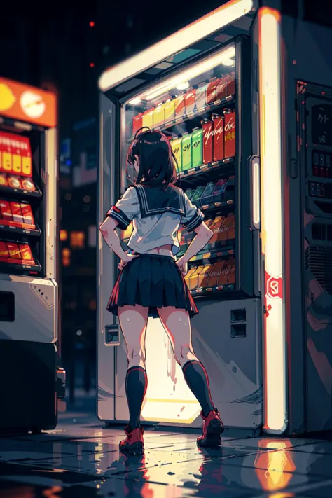 1girl, black serafuku, hands on hips, standing, from behind, night street, wet, city scenery, neon lights, neon signs, rtx lighting, (depth of field, ambient lighting, blurry foreground, blurry background:1.3), atmospheric, light flares, intricate details, enhanced lighting, vending machine foreground