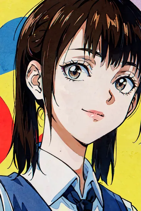 (masterpiece, best quality;1.3), ultra detailed, Looking at viewer,1girl, solo, smile,
ruri, brown hair, long hair, gold eyes, BREAK, orange vest, BREAK, white collared shirt, black necktie, parted bangs, small breasts,twintails,hair bobbles, black short skirt,face focus, facial close-up,
front view, at school, cinematic light, <lora:90sv1.2R:0.75>1990s \(style\) ,Bilateral Symmetrical Composition, <lora:add_detail:0.3> super pop art, many colors,