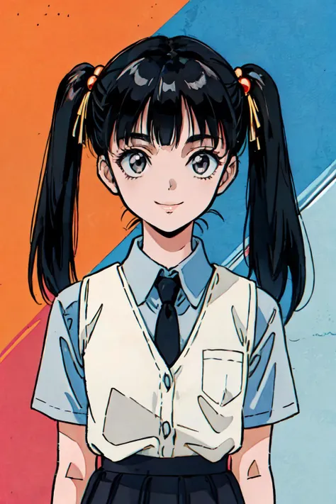 (masterpiece, best quality;1.3), ultra detailed, Looking at viewer,1girl, solo, smile,
ruri, lite grey long hair,  gold eyes, BREAK, orange vest, BREAK, white collared shirt, black necktie, parted bangs, small breasts,twintails,hair bobbles, black short skirt,bust shot,
front view, at school, cinematic light, <lora:90sv1.2R:0.6>1990s \(style\) ,Bilateral Symmetrical Composition, <lora:add_detail:0.3> super pop art, many colors,