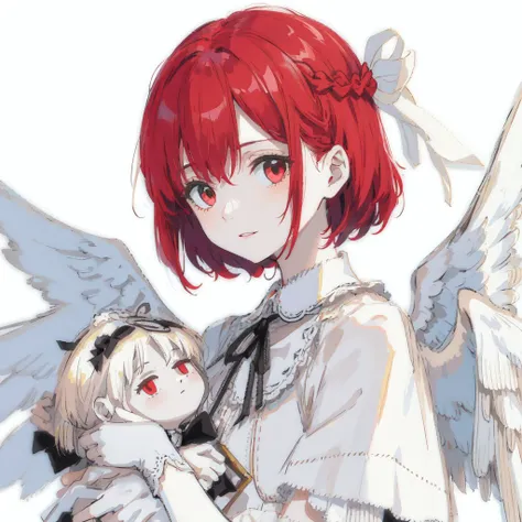 doll girl, white angel wings, short red hair braided, white ribbon around her hair, pale skin,