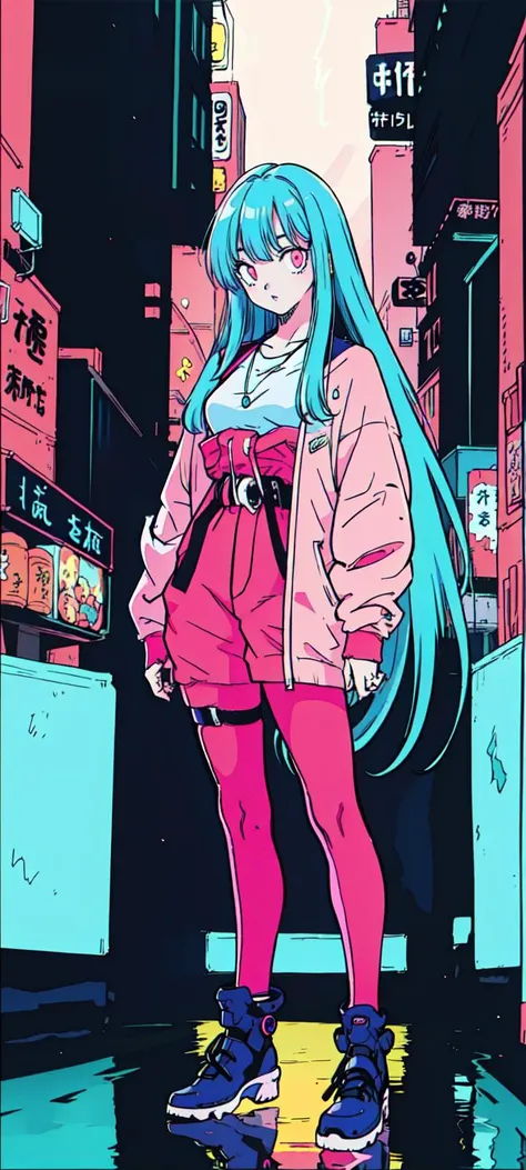 (1girl, <lora:toriyama_akira_3:0.4>, toriyama akira), ((blue hair, very long hair, pink eyes, detailed eyes)), Barihama outfit, <lora:clothesUpdate:0.9>, ultra-detailed, (cyberpunk city, ultra-detailed), 4k, reflection, neon light signs, sexy, full body,
