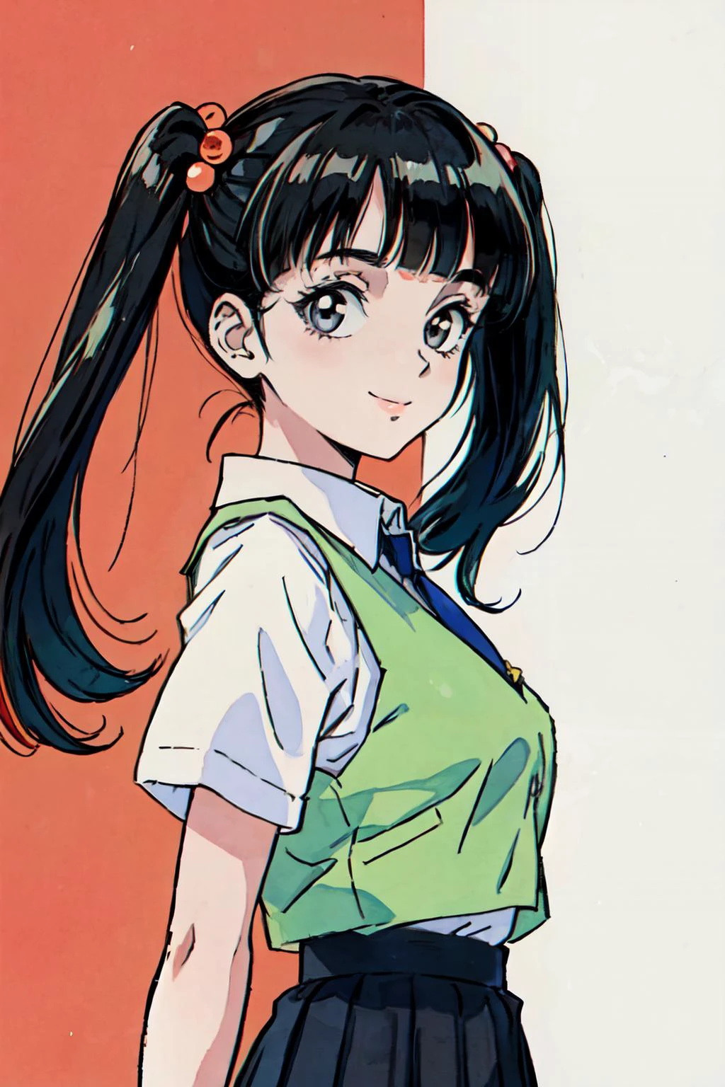 (masterpiece, best quality;1.3), ultra detailed, Looking at viewer,1girl, solo, smile,
ruri, lite grey long hair, gold eyes, BREAK, orange vest, BREAK, white collared shirt, black necktie, parted bangs, small breasts,twintails,hair bobbles, black short skirt,bust shot,
front view, at school, cinematic light, <lora:90sv1.2R:0.6>1990s \(style\) ,Bilateral Symmetrical Composition, <lora:add_detail:0.3> super pop art, many colors,