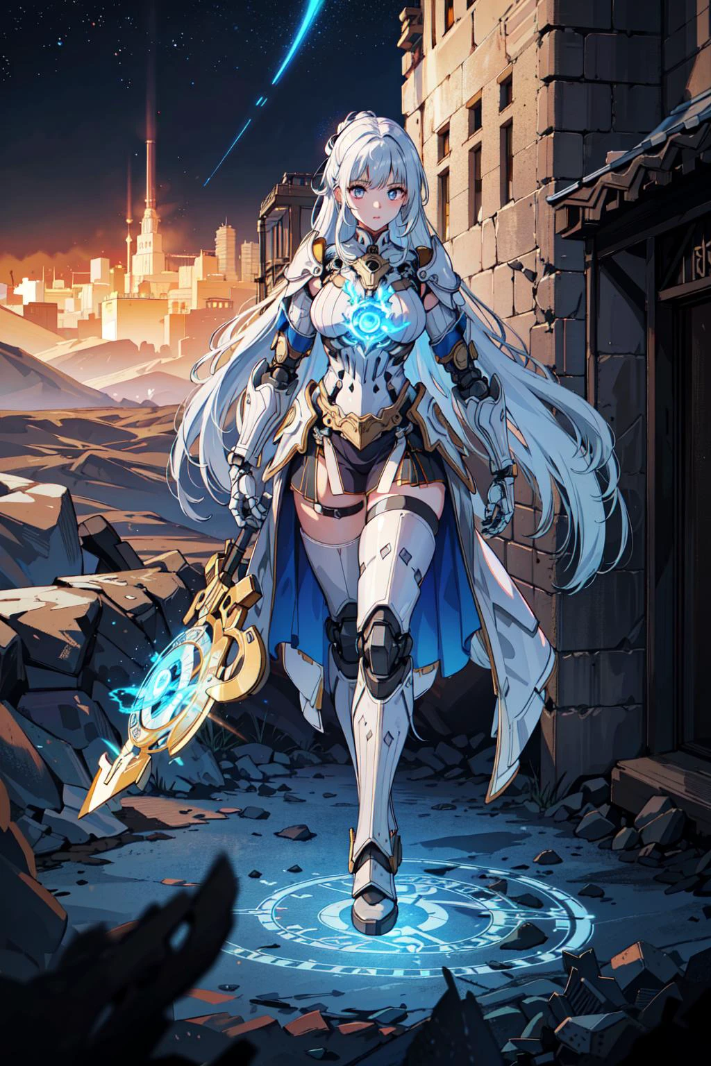 1girl, [(egyptian dress:1.2), egyptian clothing, tribal clothing:cyborg, mechanical arms, mechanical legs, (cybernetic:1.4), (glowing body armor:1.5):5], (skulls, broken houses), war scenery, (blue flames:1.3), [black hair|white hair], [black eyes|white eyes], [sidelocks|ponytail], (absurdly long hair:1.4), solo focus, (magic circle:1.15), (depth of field, ambient lighting, blurry foreground, blurry background), ornate armor, massive structures, atmospheric, smokes, (barren fields), (cliff scenery:1.2), (magic circle), heavenly light, light flares, intricate details, enhanced lighting, starry sky, comets, vast lands, (night:1.2), walking, full body