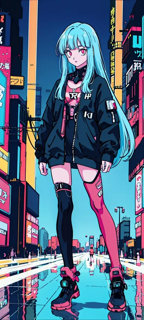 (1girl,  <lora:toriyama_akira_3:0.4>, toriyama akira), ((blue hair, very long hair, pink eyes, detailed eyes)), Barihama outfit, <lora:clothesUpdate:0.9>, ultra-detailed, (cyberpunk city, ultra-detailed), 4k, reflection, neon light signs, sexy, full body,