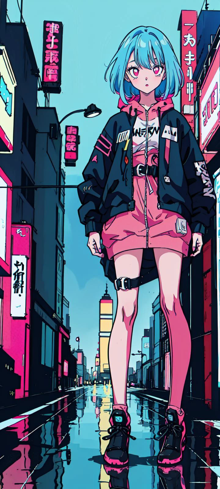 (1girl, <lora:toriyama_akira_3:0.3>, toriyama akira), ((blue hair, pink eyes, detailed eyes)), Barihama outfit, <lora:clothesUpdate:0.9>, ultra-detailed, (cyberpunk city, ultra-detailed), 4k, reflection, neon light signs, sexy, full body,