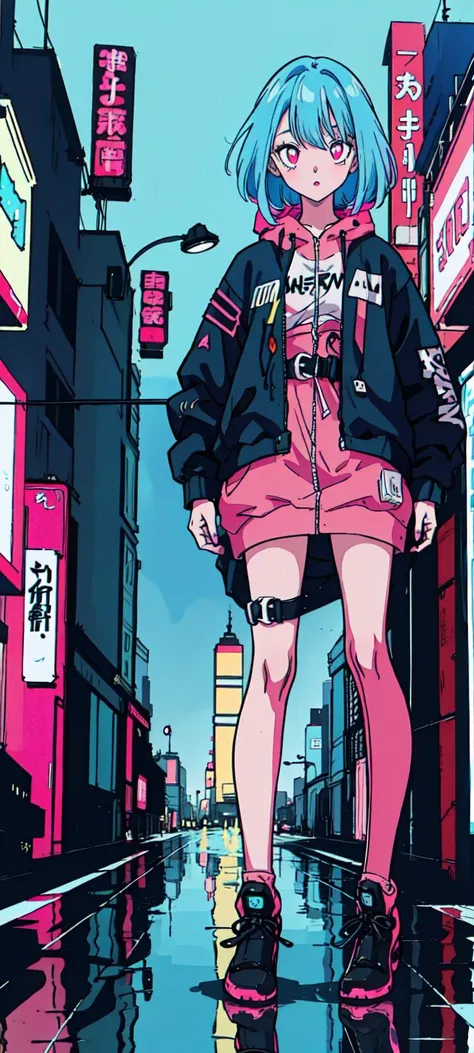 (1girl,  <lora:toriyama_akira_3:0.3>, toriyama akira), ((blue hair, pink eyes, detailed eyes)), Barihama outfit, <lora:clothesUpdate:0.9>, ultra-detailed, (cyberpunk city, ultra-detailed), 4k, reflection, neon light signs, sexy, full body,