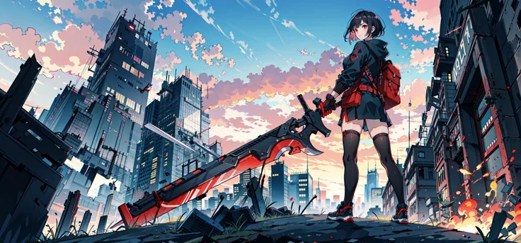 1girl, assault_rifle, bag, black_hair, black_legwear, building, city, cityscape, cloud, cloudy_sky, dusk, evening, fire, gloves, gradient_sky, ground_vehicle, holding, holding_weapon, orange_sky, outdoors, ruins, scenery, science_fiction, short_hair, sky, sunset, thighhighs, tree, twilight, weapon, (huge_weapon:1.2), from_below