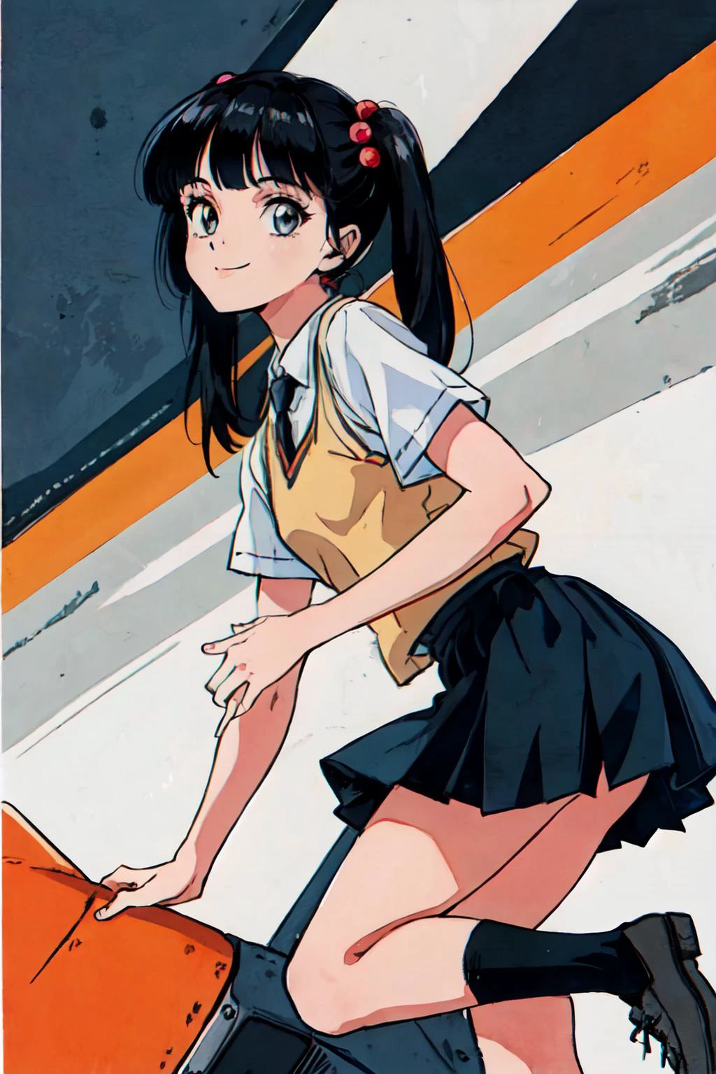 (masterpiece, best quality;1.3), ultra detailed, Looking at viewer,1girl, solo, smile,
ruri, lite grey long hair, gold eyes, BREAK, orange vest, BREAK, white collared shirt, black necktie, parted bangs, small breasts,twintails,hair bobbles, black short skirt,Black high socks, Gray Shoes, bust shot,
front view, at school, cinematic light, <lora:90sv1.2R:0.6>1990s \(style\) ,Bilateral Symmetrical Composition, <lora:add_detail:0.3>