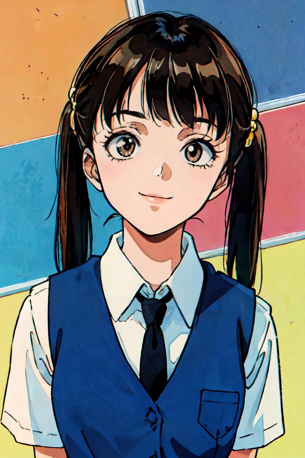 (masterpiece, best quality;1.3), ultra detailed, Looking at viewer,1girl, solo, smile,
ruri, brown hair, long hair, gold eyes, BREAK, orange vest, BREAK, white collared shirt, black necktie, parted bangs, small breasts,twintails,hair bobbles, black short skirt,face focus, facial close-up,
front view, at school, cinematic light, <lora:90sv1.2R:0.7>1990s \(style\) ,Bilateral Symmetrical Composition, <lora:add_detail:0.3> super pop art, many colors,