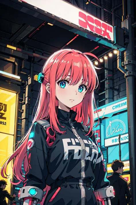 1girl, glowing mechanical arms, (cyborg:1.3), cyberpunk, standing, neon lights, depth of field, neon signs, colored lighting, ambient lighting, cyberpunk alley scenery, 
(CHAR-F Bocchi the Rock Gotou Hitori:0.9), (upper body)