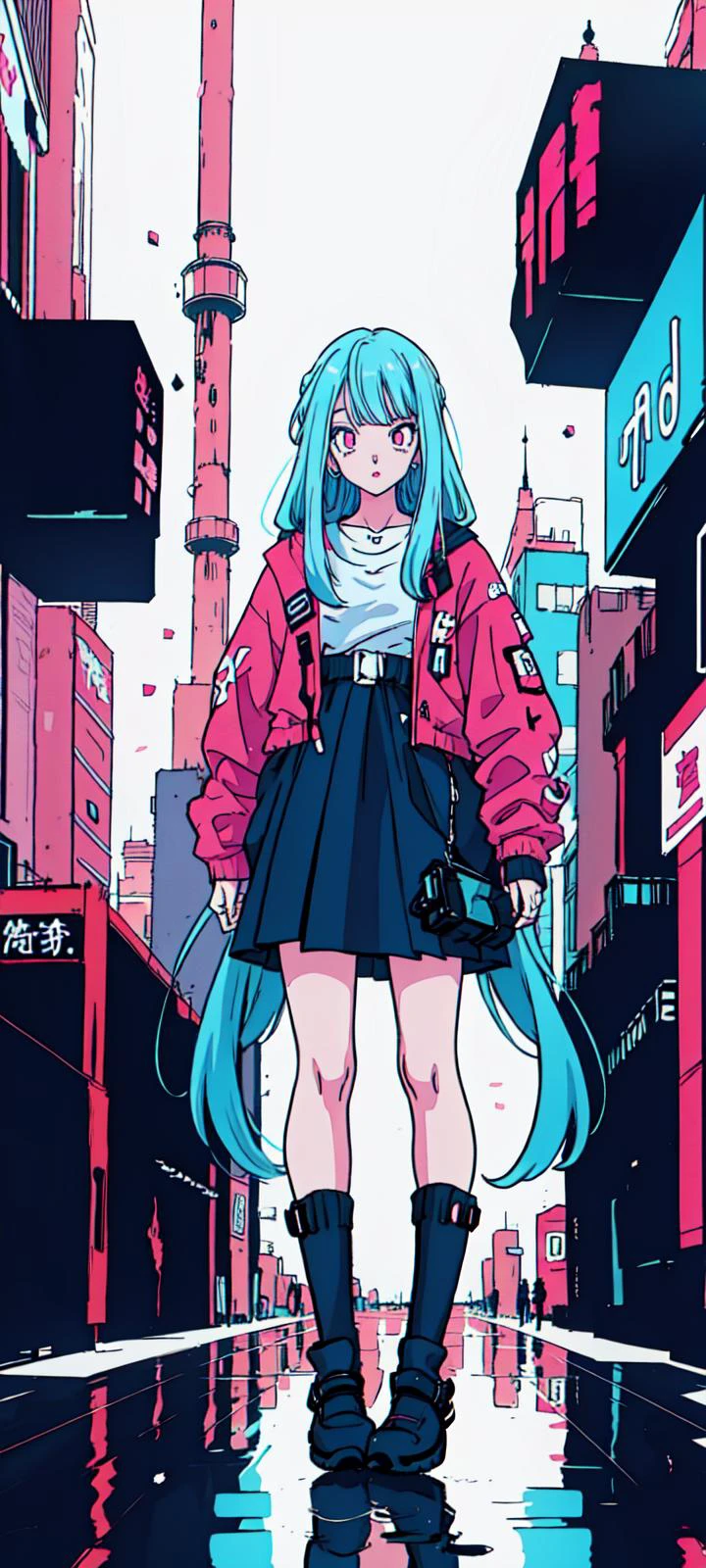 (1girl, <lora:toriyama_akira_3:0.4>, toriyama akira), ((blue hair, very long hair, pink eyes, detailed eyes)), Barihama outfit, <lora:clothesUpdate:0.9>, ultra-detailed, (cyberpunk city, ultra-detailed), 4k, reflection, neon light signs, sexy, full body,