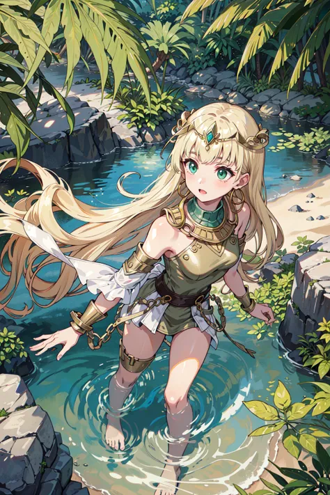 girl, green egyptian armor, desert village, (sand dunes, sand:1.2), pyramids, chains, dust, windy, sandstone, (oasis:1.2), jungle leaves, (water, wading), jungle, coconut trees, lily pad, golden headpiece, blonde hair, sidelocks, extra long hair, dangling hoop earrings, green accent, (sidelocks), (from above:1.2), direct sunlight on face, (dappled sunlight:1.4), water caustics, light particles, visible white smoke, breeze, floating hair, (reflective armor)