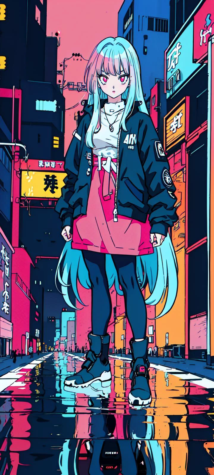 (1girl, <lora:toriyama_akira_3:0.4>, toriyama akira), ((blue hair, very long hair, pink eyes, detailed eyes)), Barihama outfit, <lora:clothesUpdate:0.9>, ultra-detailed, (cyberpunk city, ultra-detailed), 4k, reflection, neon light signs, sexy, full body,