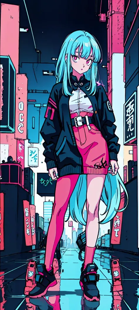 (1girl, <lora:toriyama_akira_3:0.4>, toriyama akira), ((blue hair, very long hair, pink eyes, detailed eyes)), Barihama outfit, <lora:clothesUpdate:0.9>, ultra-detailed, (cyberpunk city, ultra-detailed), 4k, reflection, neon light signs, sexy, full body,