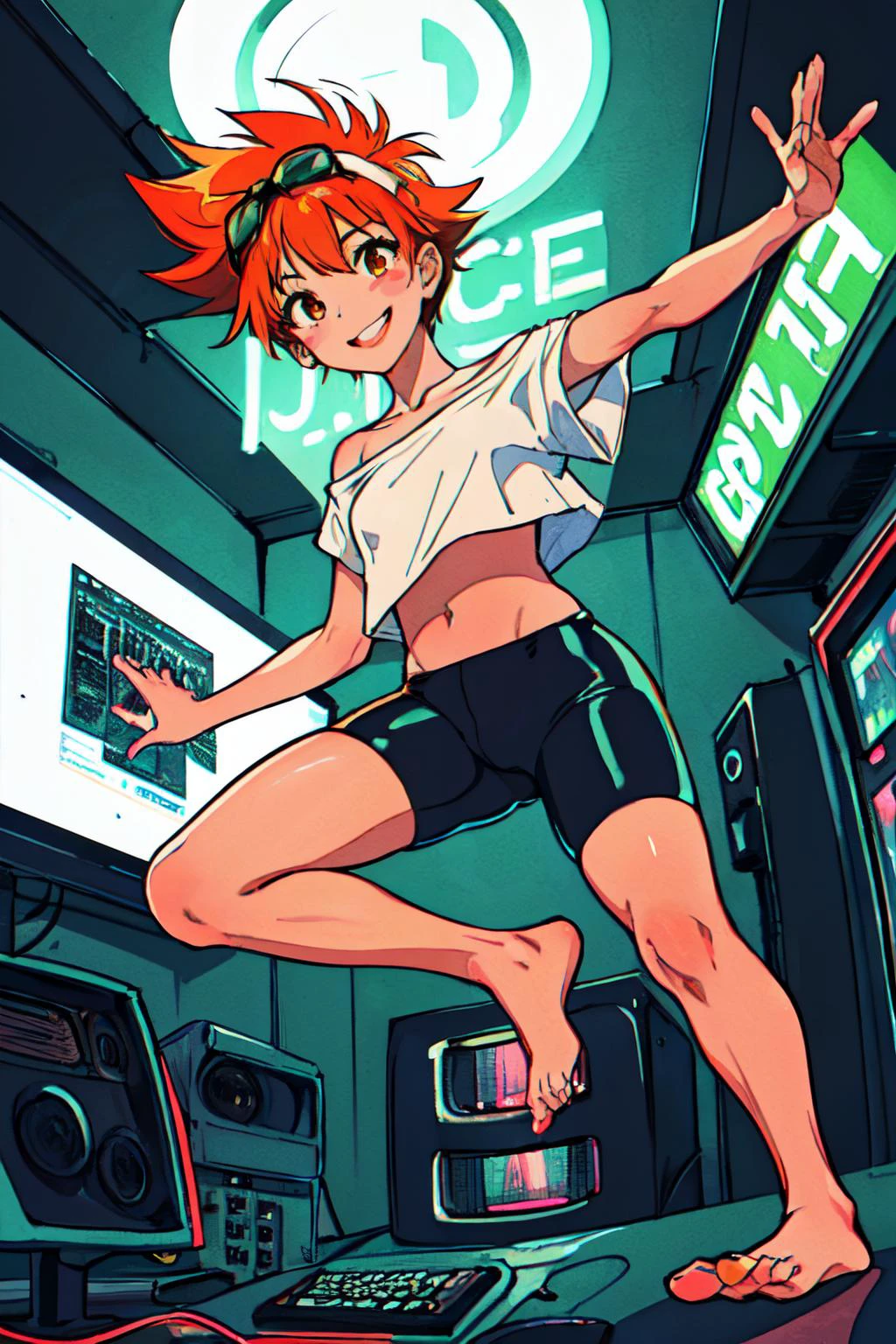 (masterpiece, best quality;1.3), ultra detailed, 1girl, solo, smile, looking at viewer, 1girl, solo,
<lora:Edward:0.8>, edward,
tan skin, tomboy, orange hair, spiked hair, brown eyes, blush stickers, rise arm, rise leg, dancing, foot focus,
midriff, loose white shirt, off shoulder, barefoot, black bike shorts,goggles on head, big smile, fighting pose,
lots of large CRT monitors, hacker, lots of keyboards,multi monitors, sf, cyber punk, future, from below, neon lighting,