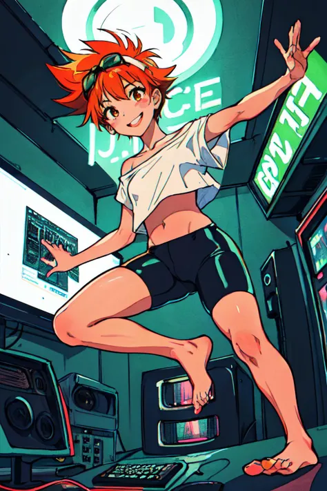 (masterpiece, best quality;1.3), ultra detailed, 1girl, solo, smile,  looking at viewer, 1girl, solo,
 <lora:Edward:0.8>, edward,
tan skin, tomboy, orange hair, spiked hair, brown eyes, blush stickers,  rise arm, rise leg, dancing, foot focus,
midriff, loose white shirt, off shoulder, barefoot, black bike shorts,goggles on head, big smile, fighting pose,
lots of large CRT monitors, hacker, lots of keyboards,multi monitors, sf, cyber punk, future, from below, neon lighting,